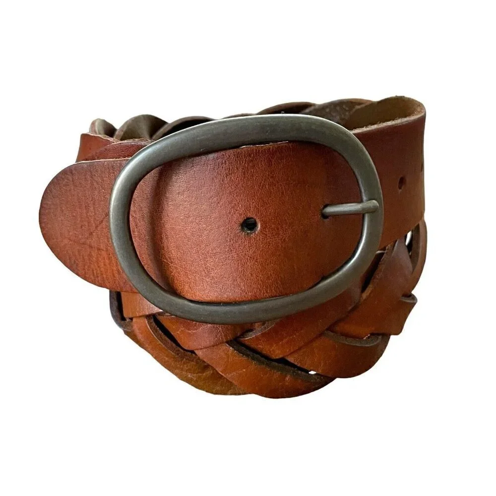 American Eagle Mens Brown Woven Braided Leather Chunky Belt Sz M Boho Western